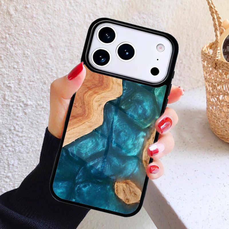 Wood Resin Marble Phone Case For iPhone 17 Air 16 15 14 13 12 11 Pro Max Plus