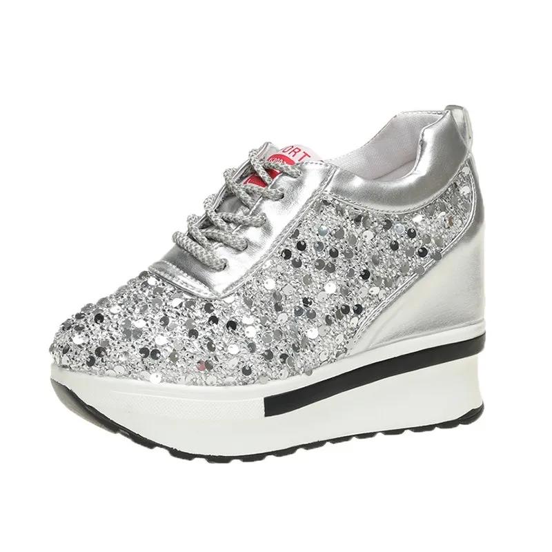 

Мода 2024 Весна и Осень Модные Круглые Носки Однотонные Блестки Повседневные Вулканизированные Туфли С Поднятым Внутренним Шнуровкой Женские 40 серебряный