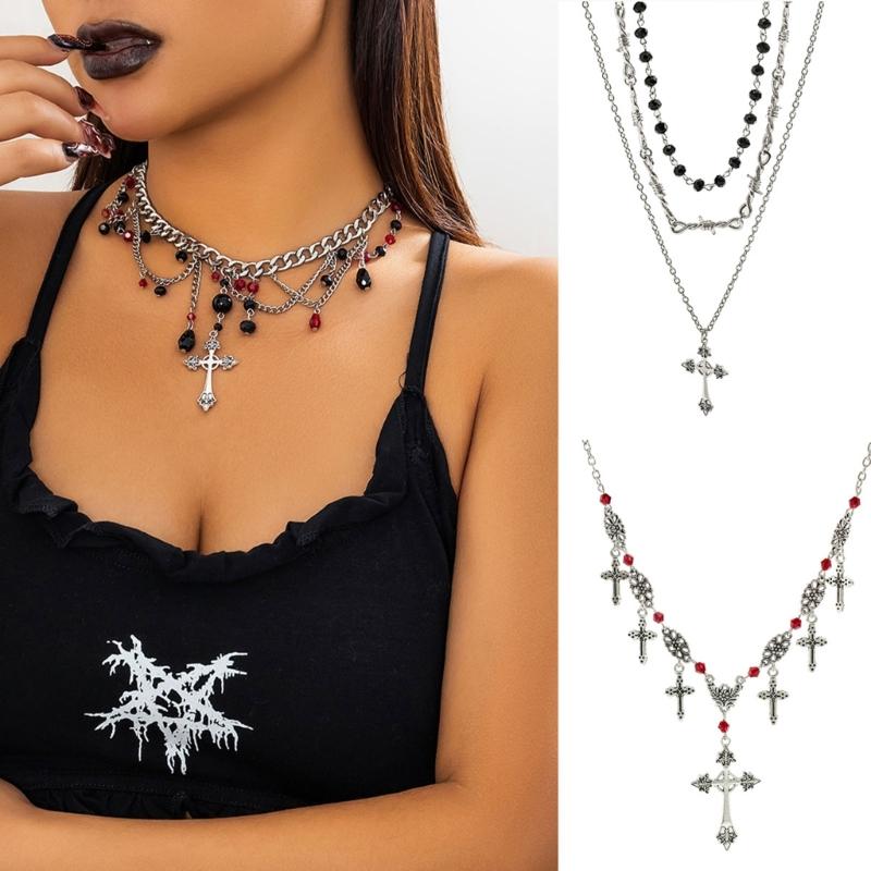 Punk Thorn Cross Pendant Necklace Dark Gothic Cross Fringe Choker Necklace for Women Unique Clavicle Chain Stylish Gift
