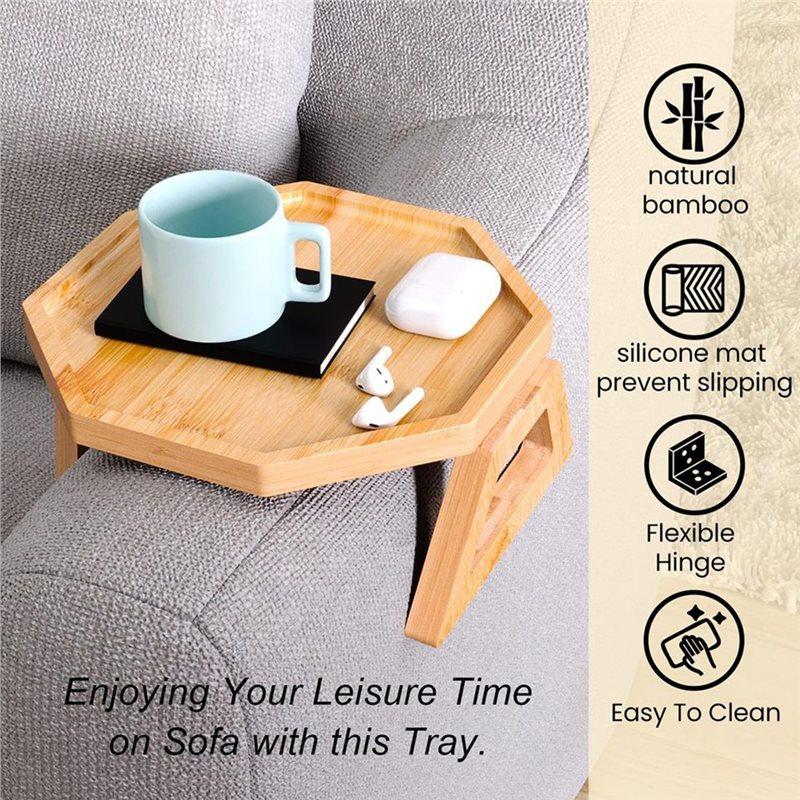 A25F-Sofa Armrest Tray, Wooden & Bamboo Folding Sofa Tray Table Use For Eating/Remote/Drinks/Phone (Round, Square)
