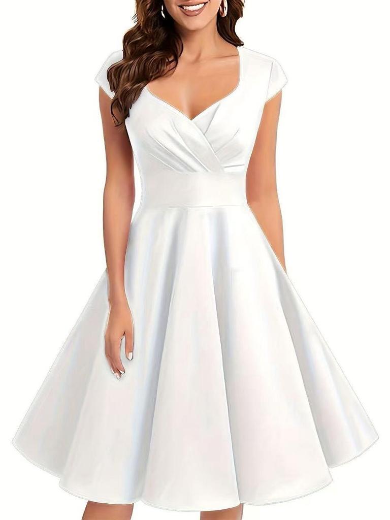 Elegant Retro Women's V-neck Waist-cinching Wide-hem Dress - Solid Color Fashionable Light Luxury