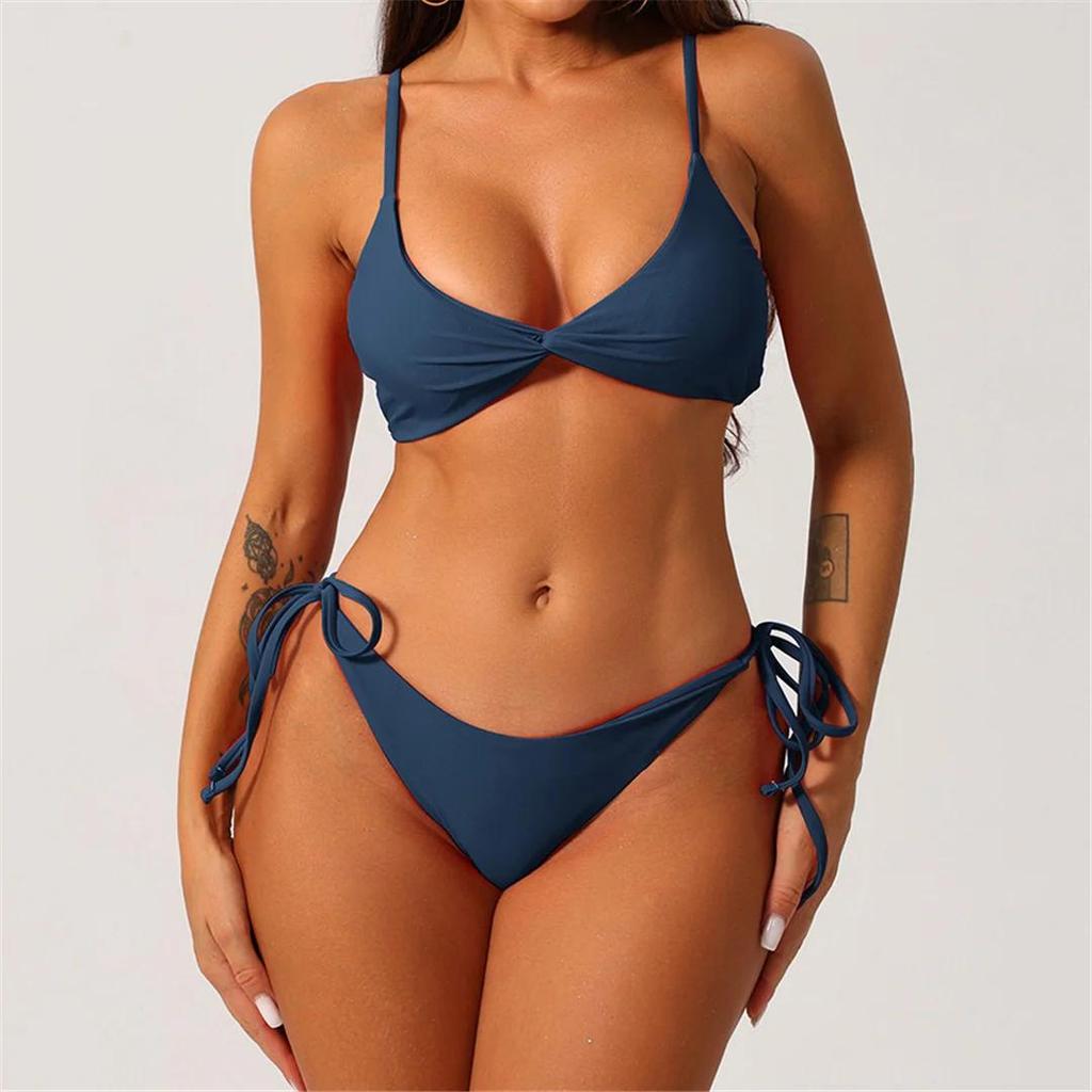 S - XL 19 Colors Pleated High Leg Cut Bikini Female Swimsuit Women Swimwear Two-Pieces Bikini Set Bather Bathing Suit Swim