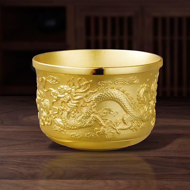 New Dragon Phoenix Golden Tea Cup - Gold Sand Carved Design, Perfect Gift for Elders