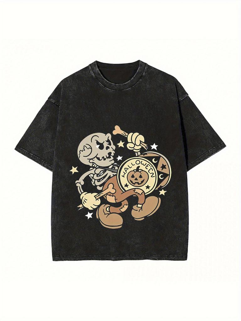 Unisex T-shirt Halloween Washed T-Shirt Men'S Pattern Y2K Washed T-Shirt Unisex Original Streetwear Short Sleeve St
