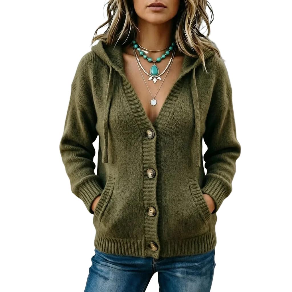 Cardigan a maglia con cappuccio da donna comodo con chiusura a bottoni per l'uso casual autunnale invernale