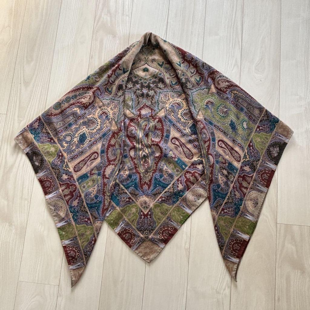 Used ETRO Etro Large Scarf Blue Brown Green Scarf Paisley Purple Silk Paisley Pattern
