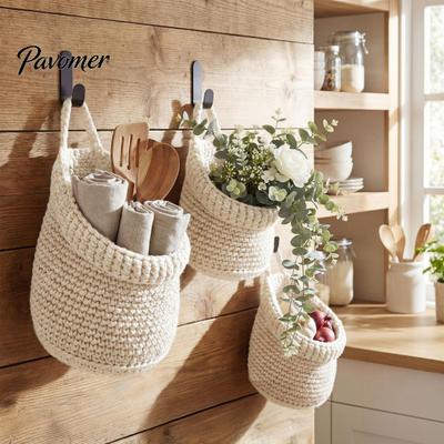Decorative Storage for Cosmetics 3PCS Woven Wall Hanging Bag, Natural Cotton Rope Fruit Baskets, Boho Decor with Multi-functional Crochet Basket Home