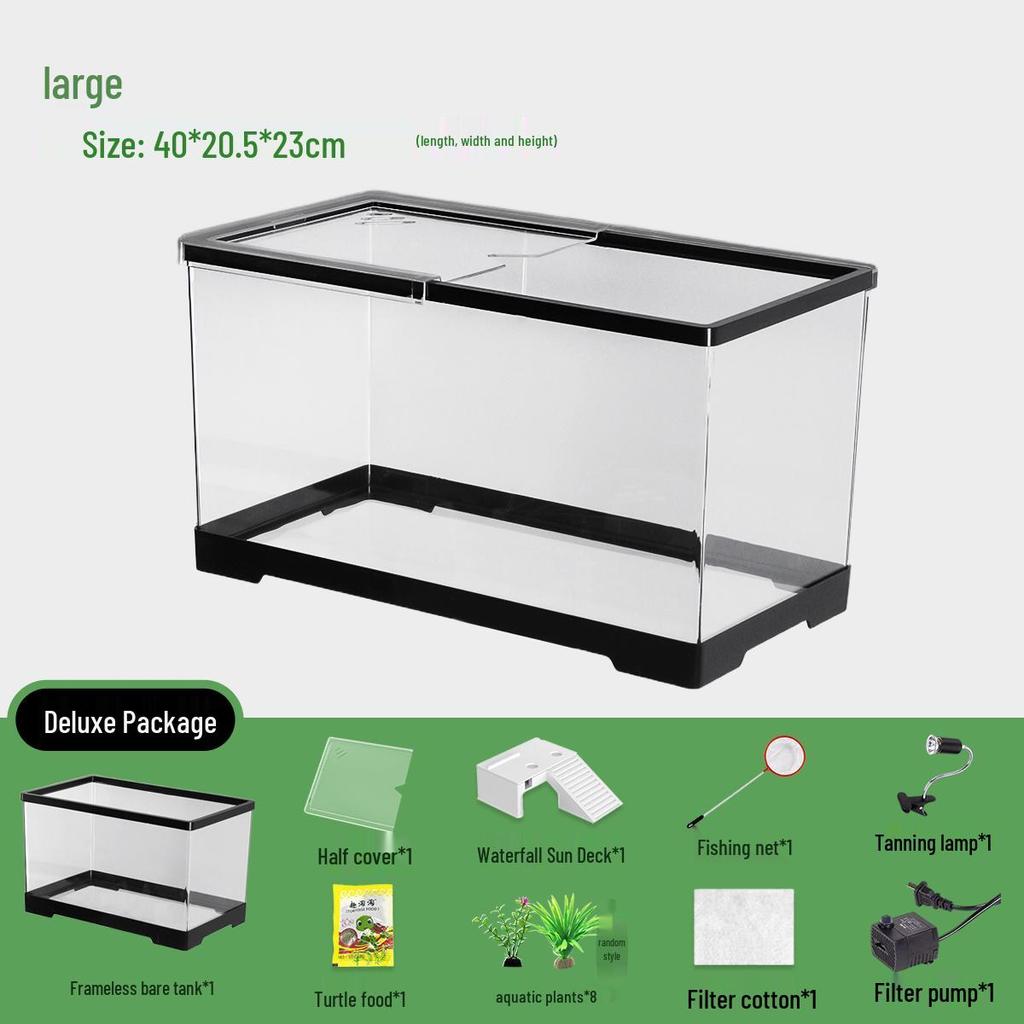 Acvariu Compact pentru Broaște Țestoase cu Platformă de Soare - Habitat Elegant de Birou cu Capac pentru Afișare Ecologică în Sufragerie