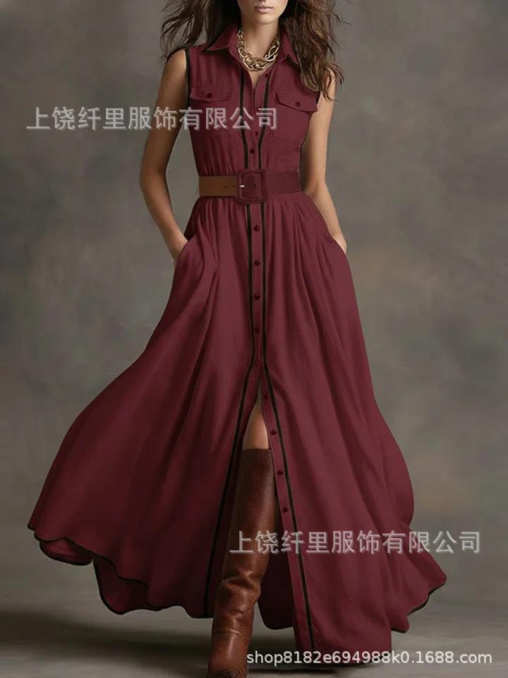 European & American Women s French Slim 3D Print Sleeveless Shirt Dress L