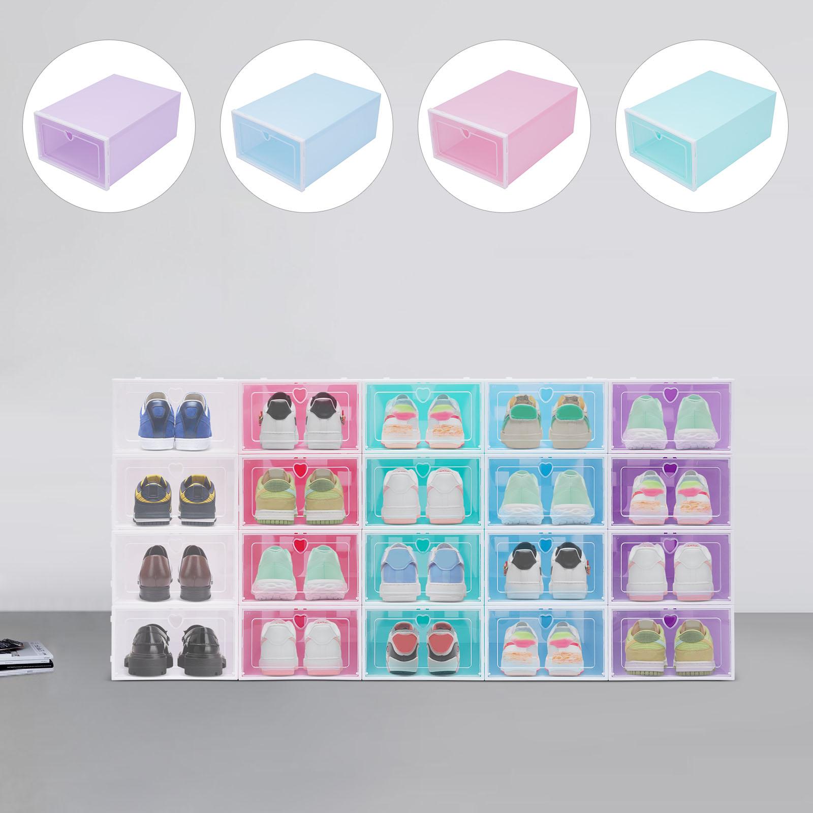 

Набор из 20 складных коробок для хранения обуви - 4 фиолетовых, 4 белых, 4 розовых, 4 зеленых, 4 синих, штабелируемые органайзеры для обуви с прозрачной дверцей