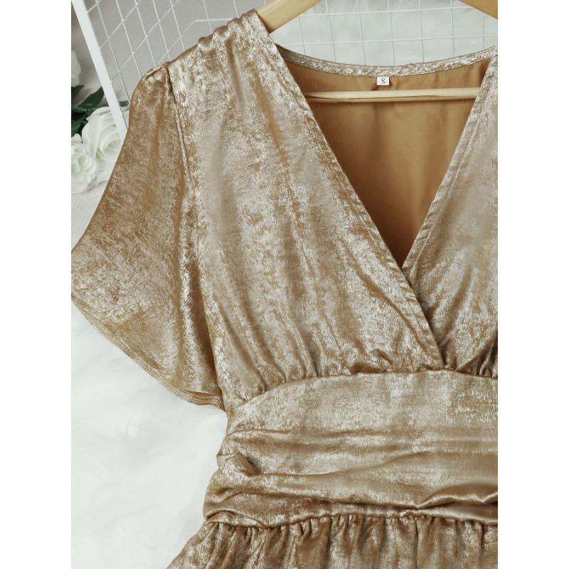 Women's Summer Metallic Deep V-neck Lotus Sleeve Solid Color Dress