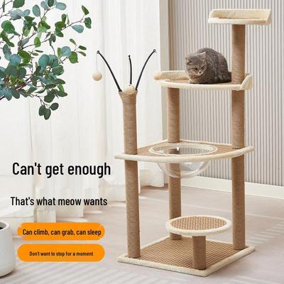 Four-Layer Summer Cooling Cat Tree with Scratch Post, Jump Platform, Teasing Ball & Space Capsule for Fat Cats