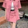 Dopamine Pink Casual Denim Short-Sleeve Jacket & Shorts Set