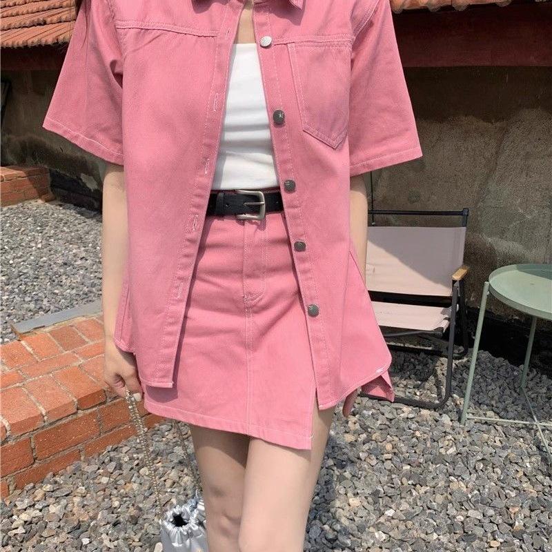 Dopamine Pink Casual Denim Short-Sleeve Jacket & Shorts Set