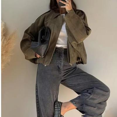 Casual Soft Bomber Jackets Women Long Lantern Sleeve Oversized Spring Summer Coats Fashion Streetwear Zipper Outwear