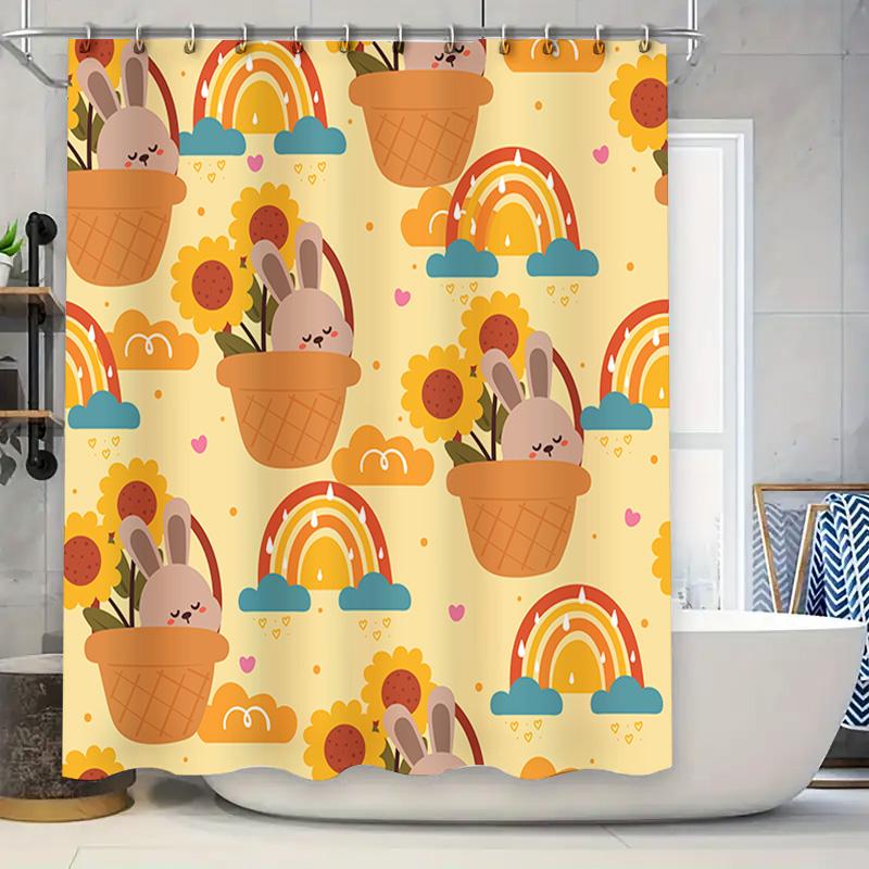 

Adorable Rabbit Print Shower Curtain With Flower And Rainbow Design Bathroom Decor For Home Decoration Available In Multiple Siz W60H190(CM)-1 Pcs