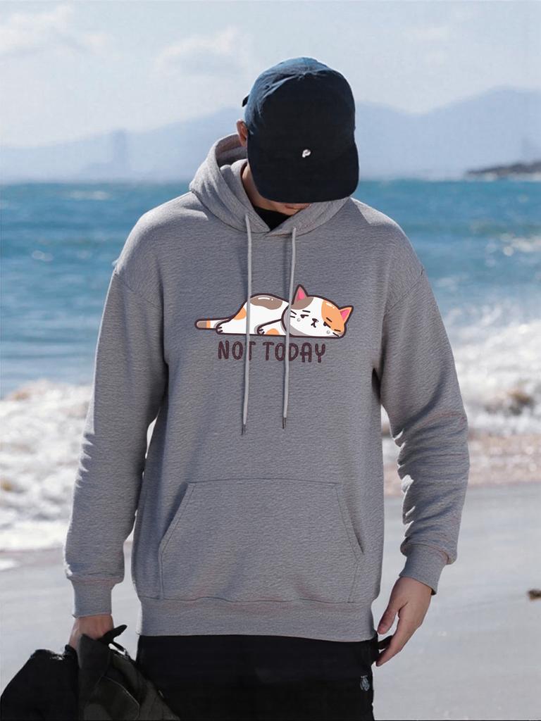 Not Today Lazy Cat Pattern Hoodies Mens All-Match Casual Hoody Pocket Fleece Streetwear Oversized Comfortable Male Pullover