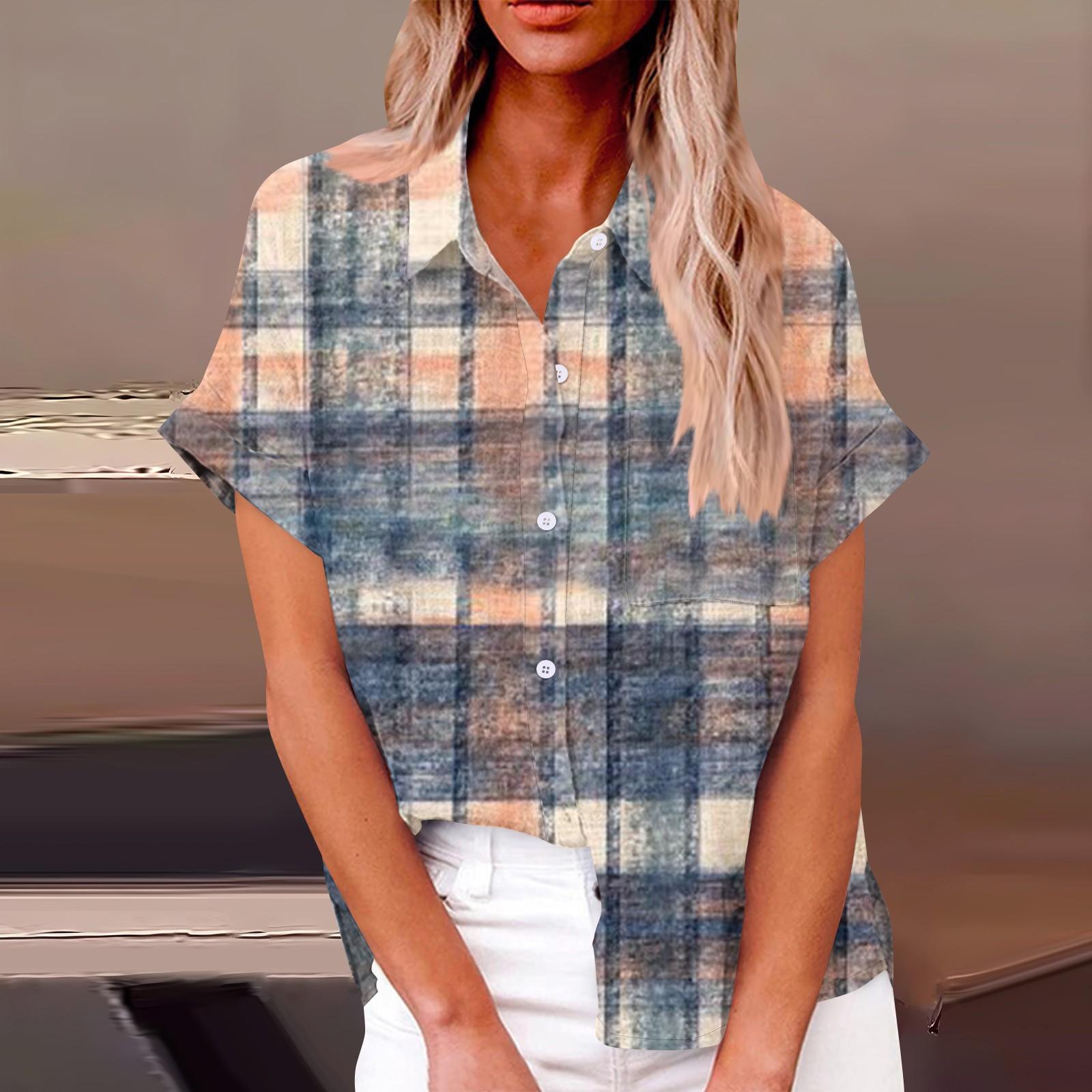 

Женская свободная повседневная рубашка на пуговицах с короткими рукавами, клетчатым полосатым принтом и топом с карманами XL оранжевый