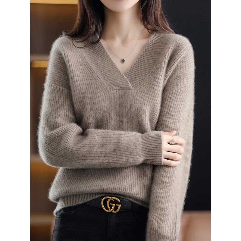V-neck Long Sleeve Loose Knit Sweater V Neck Long Sleeves Pure Color Loose Knitwear