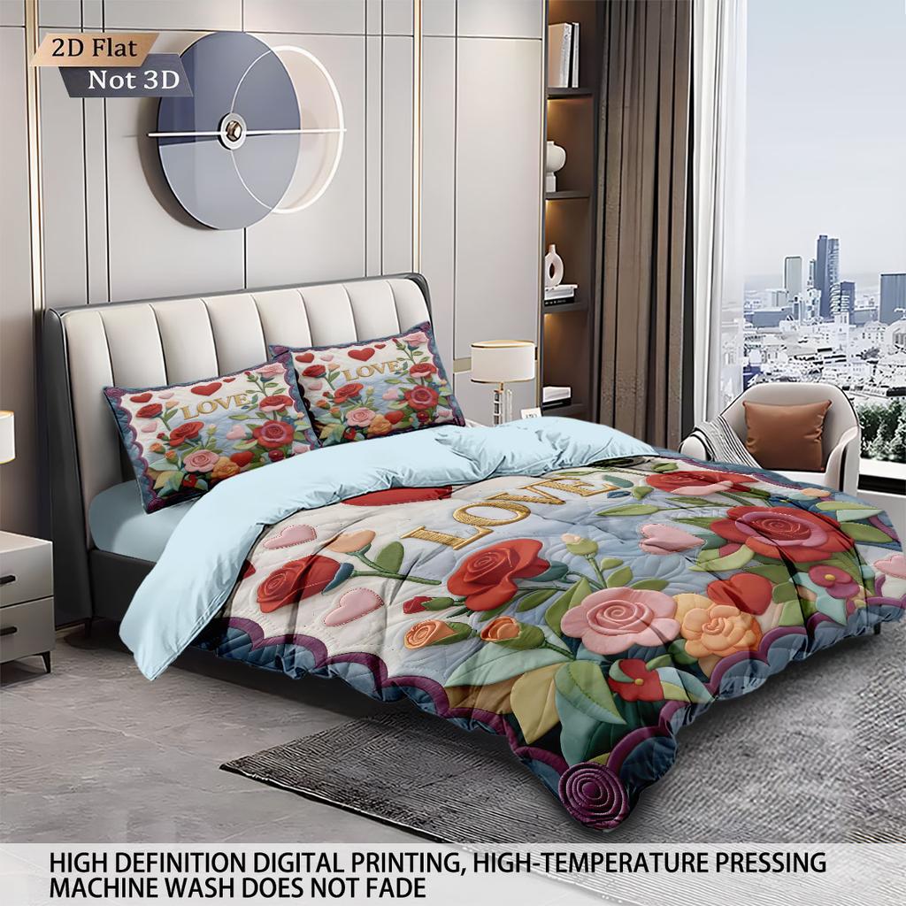 3pcs Valentine's Day beautiful colorful floral print coreless down duvet cover set bedroom bedding decoration machine washable