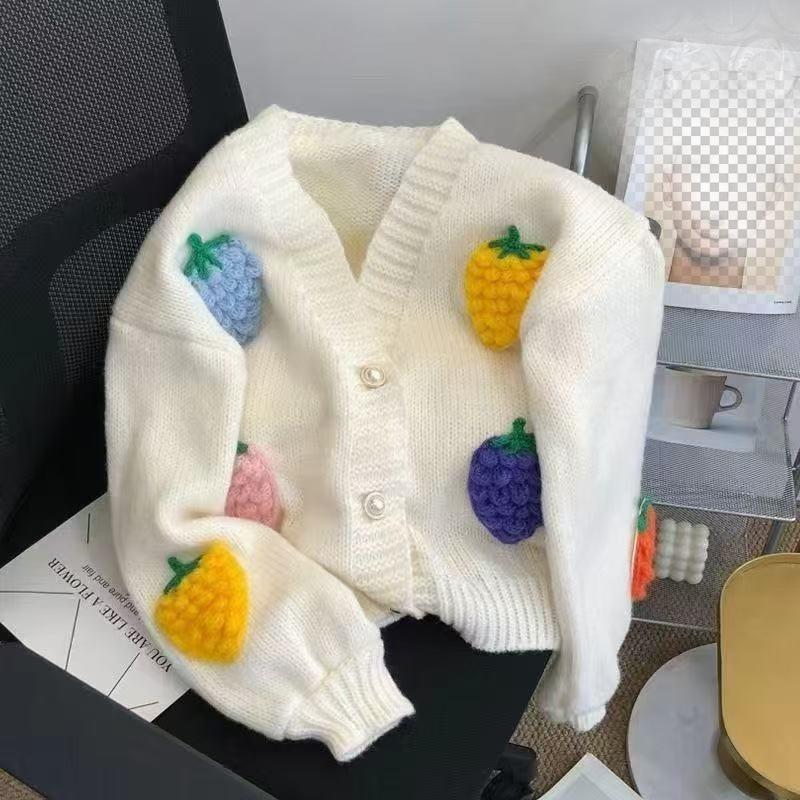 Women's Korean Dongdaemun Strawberry Knit Cardigan - Hand-embroidered, Cozy Autumn/Winter Sweater, Stylish & Quality Design