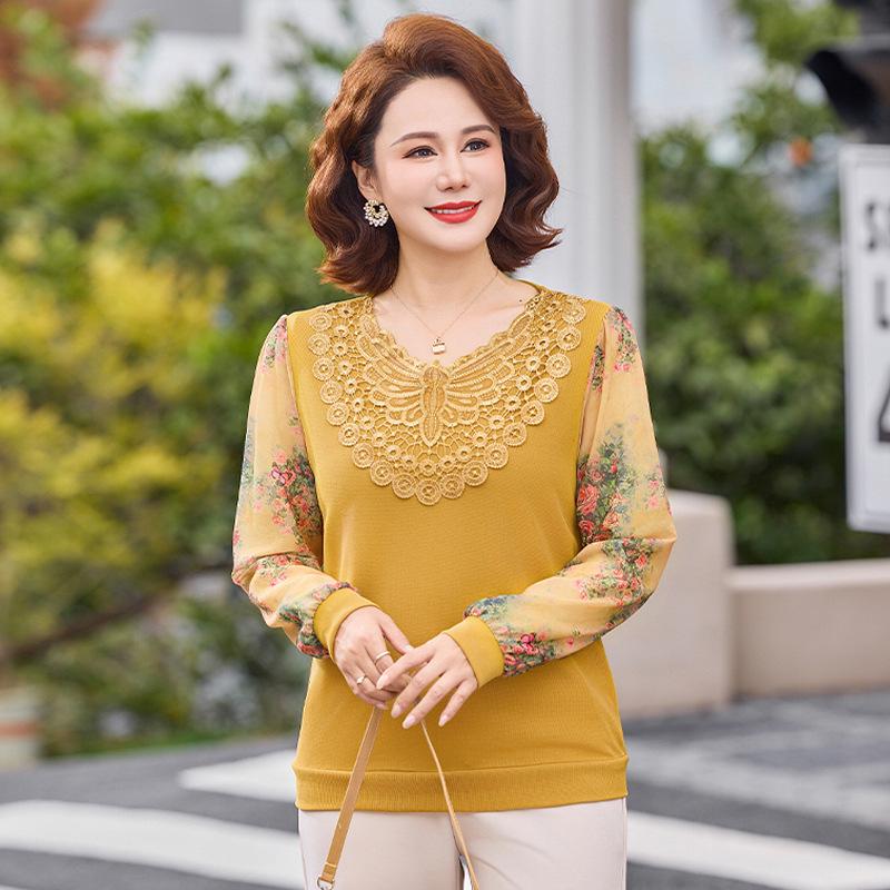 

V-neck Patchwork Gauze Sleeve Top for Middle-aged Women 40+ 3XL (Recommended 125-140 jin)