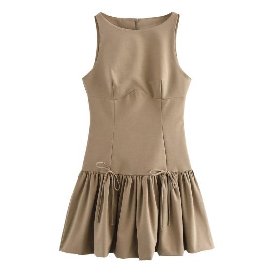 Women Summer Dress Sleeveless Bow Decor Pleated A-line Solid Color Mini Dress Back Zipper Closure O Neck Vest Dress for Dating Party