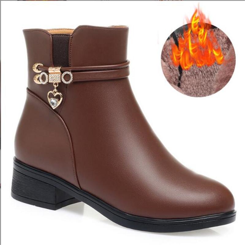 Winter Boots Genuine Leather Wedge Heels Women Snow Boots Famale Non-slip Warm Fur Ankle Boots Women's Casual Flat Shoes