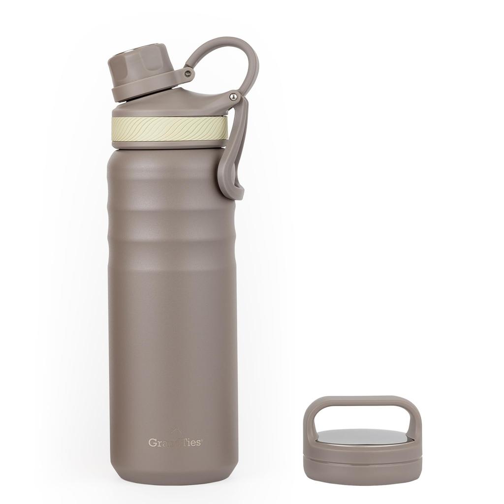 GRANDTIES Vacuum Insulated Stainless Steel Wide Mouth Water Bottle, 709ml, with Two Lids, Direct Drinking, Keeps Hot or Cold Water Hot for 12 Hours,