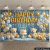 2D Flat Banner Birthday Party Background Cloth Light Blue Curtain Cake Teddy Bear Theme with Golden HAPPY BIRTHDAY