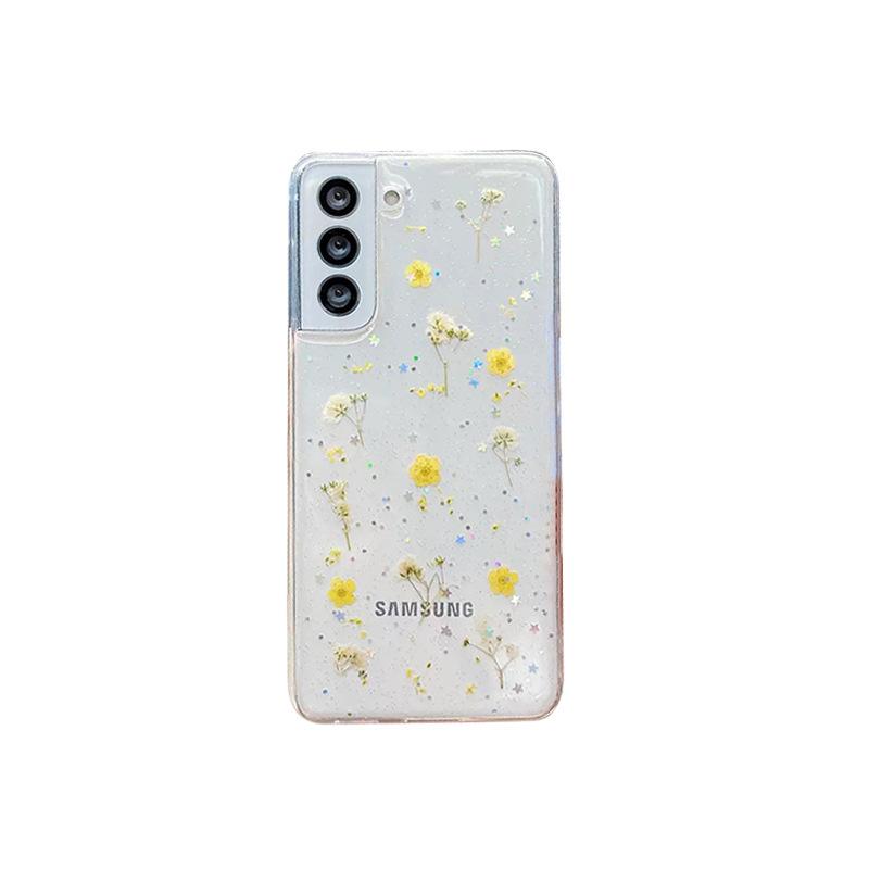 For Samsung S25ultra Flower Phone Case S24Plus Glitter Pink Sequin A16 Transparent A35 Real Flower Niche