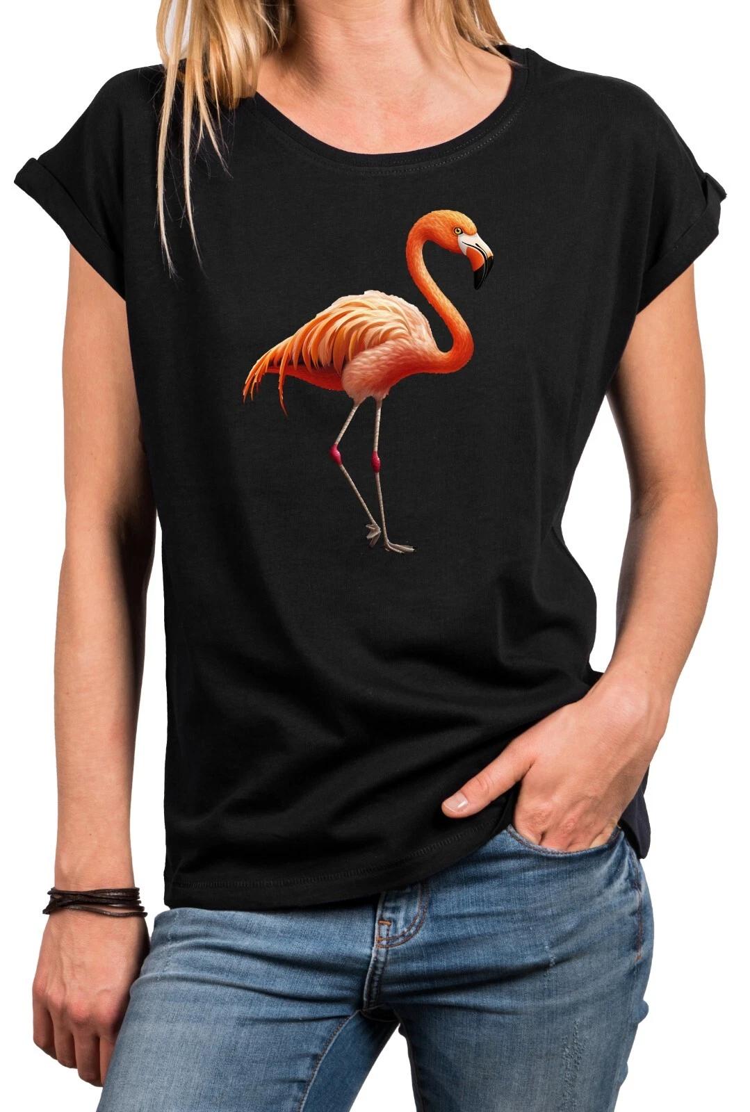 

Women s T-shirt with flamingos fashionable short sleeve top summer motif 100% cotton- S