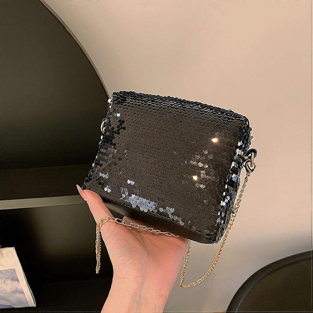 black Sparkle Sequins Mini Purse for Women Bling Crossbody Evening Handbag Clutch Glitter Shoulder Bag 16*16*13CM