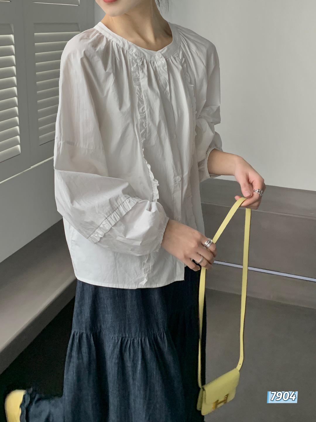 2026 Spring Collection Women s Round Neck Ruffle Trim Lantern Sleeve White Patchwork Long Sleeve Shirt One Size (80-140)