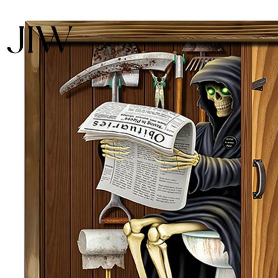 Moisture Proof Wall Murals Halloween Skeleton Art, Funny Bathroom Toilet Decal with Ghost Clown, Niche Creative Decorations 2D Wooden Art Sign, Spooky