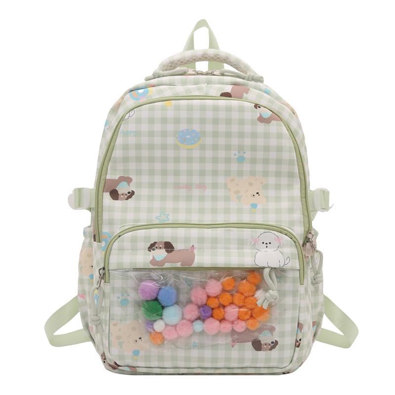 Cartoon Cat Pattern Women's Backpack Plaid Schoolbag