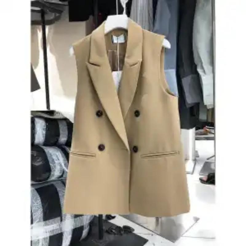 Women's K Grey Double Breasted Sleeveless Blazer Vest with Lapel Collar and Pockets