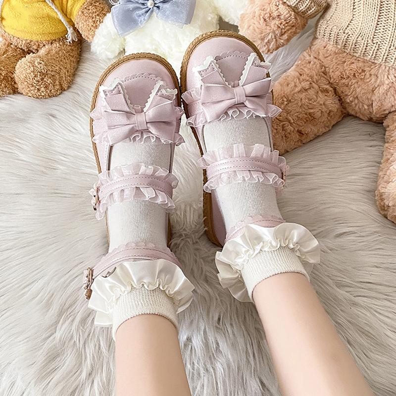 Rimocy Patchworkowe Koronkowe Buty Mary Jane Damskie Skóra PU Urocza Kokardka Płaskie Buty Damskie Platforma Niebieskie Różowe Pasek na Kostkę Buty Lolita
