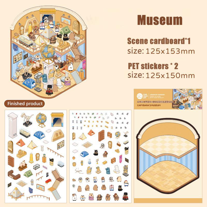 Cartoon Capybara Landscape Sticker Kawaii 3D Miniature Scene DIY Cabin Scene Visual Stacking Pasting Sticker Gift for