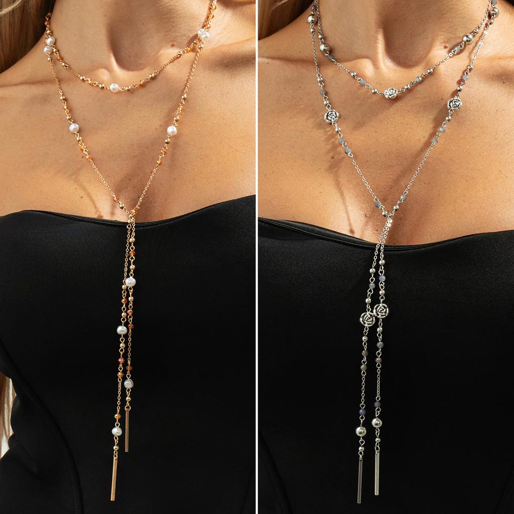 Fashion Imitation Pearl Crystal Long Chain Necklace, Small Fragrant Wind Rose Flowers Stacked Sweater Chain