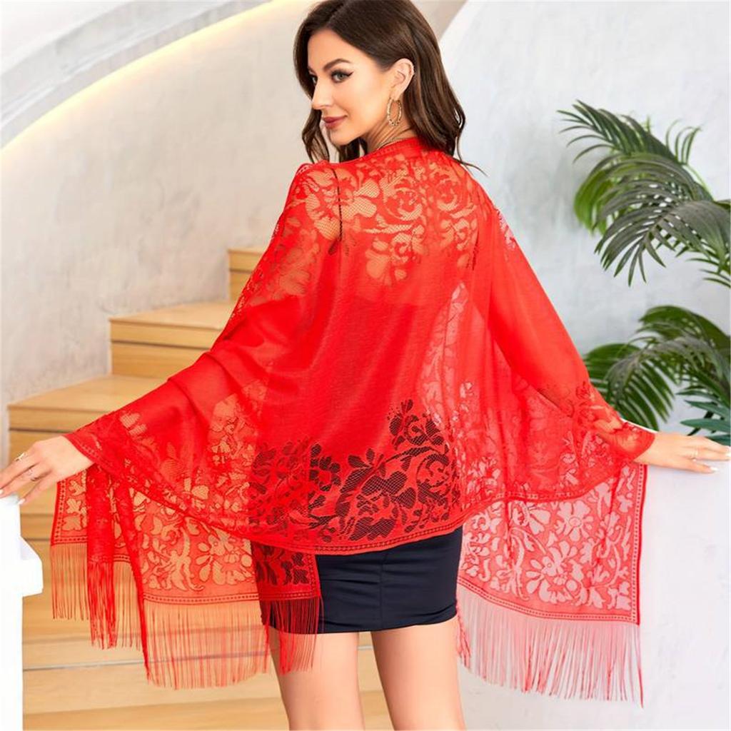 Elegant Women Shawl Wrap for Evening Dress Lightweight Scarf Malaysia Solid Color Hollowed Tassel Long Cape Shawl