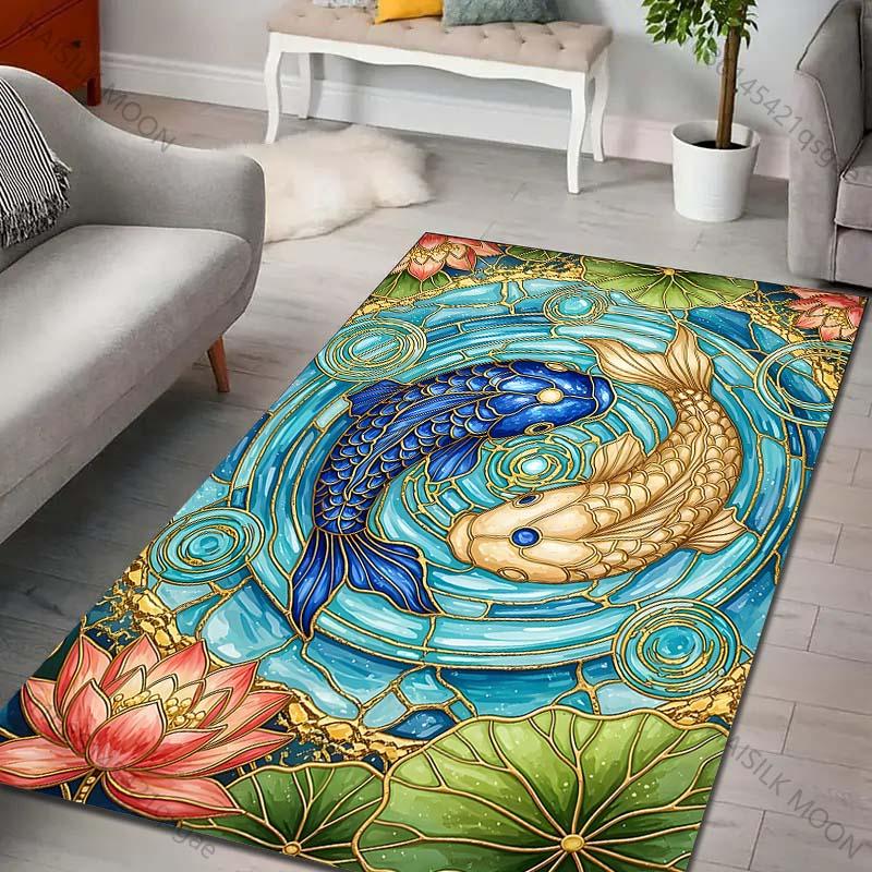 Multiple sizes Koi pond with lotus pattern Carpet for Living Room Bedroom Sofa Home Decor Rug Non-slip Floor Mat Luxury Gift