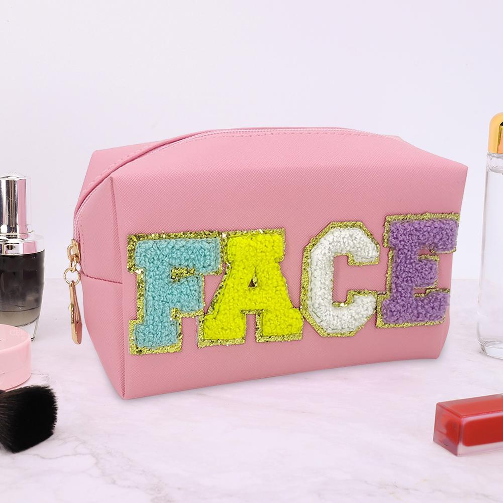 Chenille Letter PU Leather Waterproof Toiletry Bag with Zipper Portable Skin Makeup Pouch Large Capacity Cosmetic Bag for Women