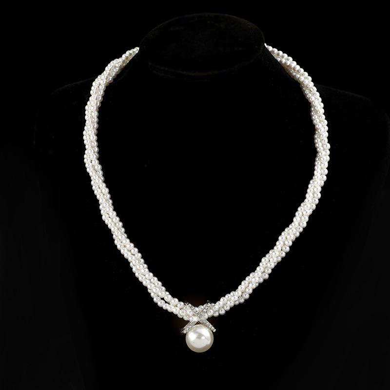 

Pearl Multi-layer Twist Neck Chain Light Luxury Bride Full Diamond Clavicle Chain Wrapped Pearl Cross Short Necklace Women білий