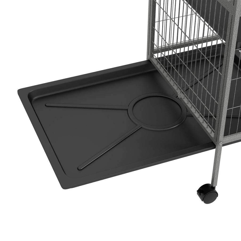 Multifunctional rodent cage with 4 platforms, 3 ramps, and 4 doors. Dimensions: 80L x 52W x 159H cm. Silver-grey/black steel.