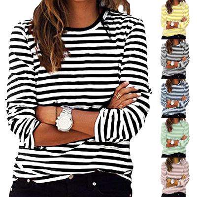 Women's Fashion Casual Long Sleeve Round Neck T-Shirt Striped Top T-Shirt