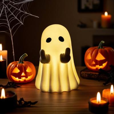 Light-Up Ghost Figurine Halloween Middle Finger Ghost Decoration Lighted Flip-off Ghost Ornament for Party Mantel Shelf Tabletop