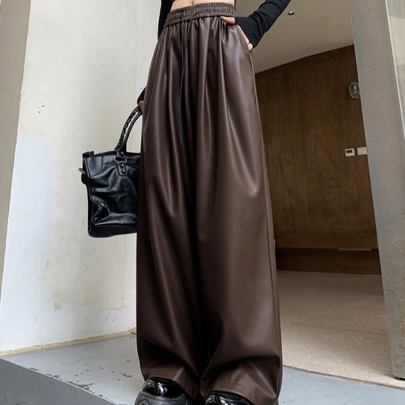 Pantalones de Moda Urbana Negros de Cuero PU de Pierna Ancha para Mujer Sólidos Rectos Sueltos Casuales Pantalones Elegantes de Cintura Alta Ajustados Vintage para Dama 25620