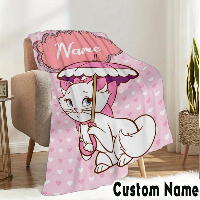 Custom Name Elegant white cat Blanket Bedding Blanket Picnic Blanket for Women Men, Throw Blankets for Couch Bed, Christmas and Halloween gifts