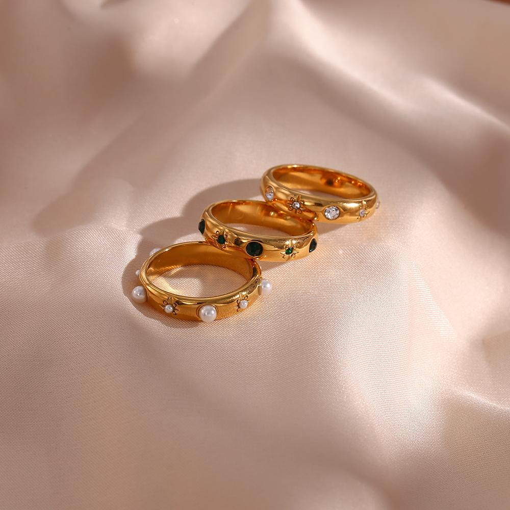 MamacitaSlay 316L Stainless Steel Pearl Zircon Star Stackable Ring 18K Gold Plated Waterproof Jewelry For Women Vintage Ring